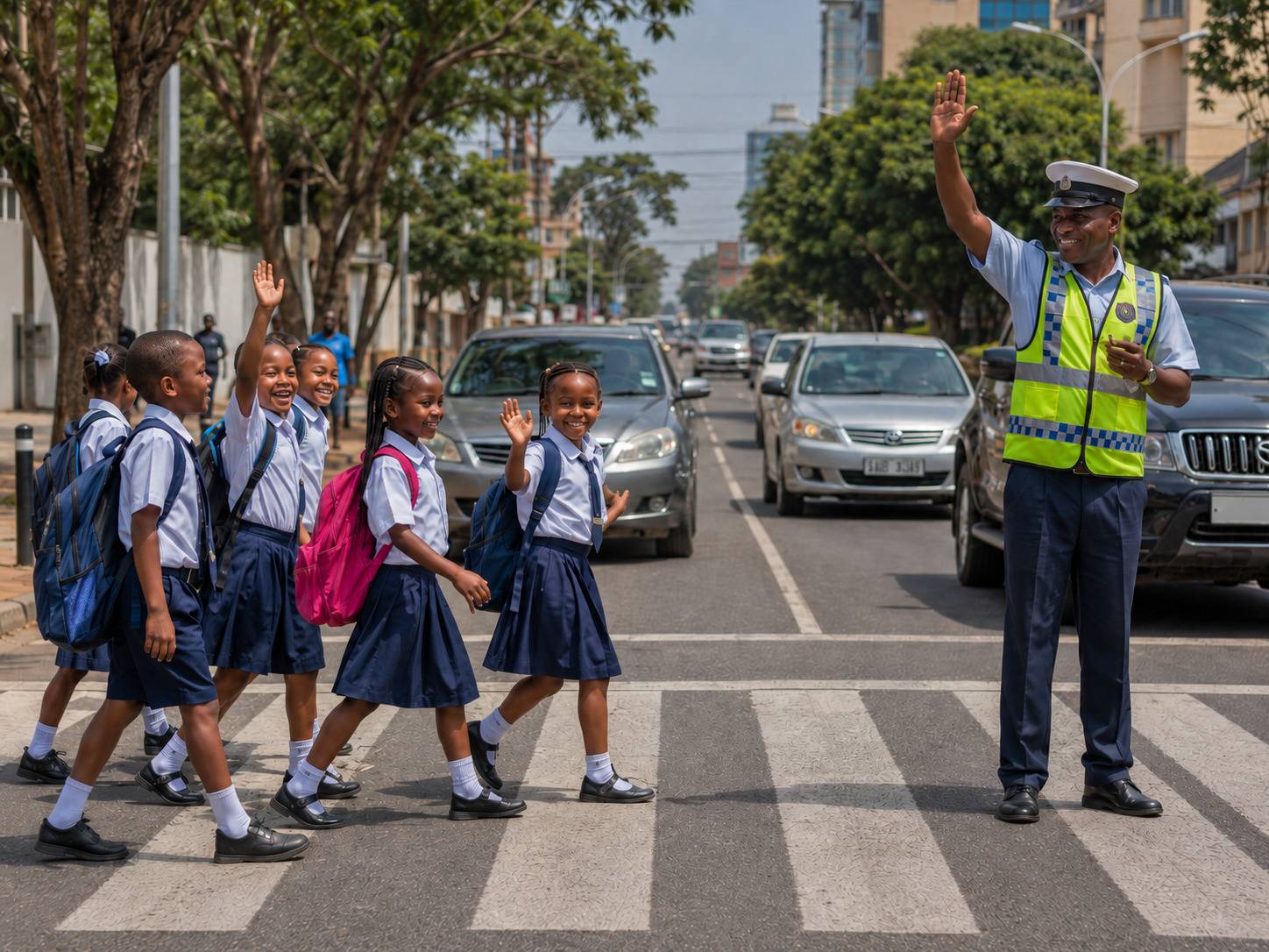 A Traffic Policeman Allows Children To Safely Pass