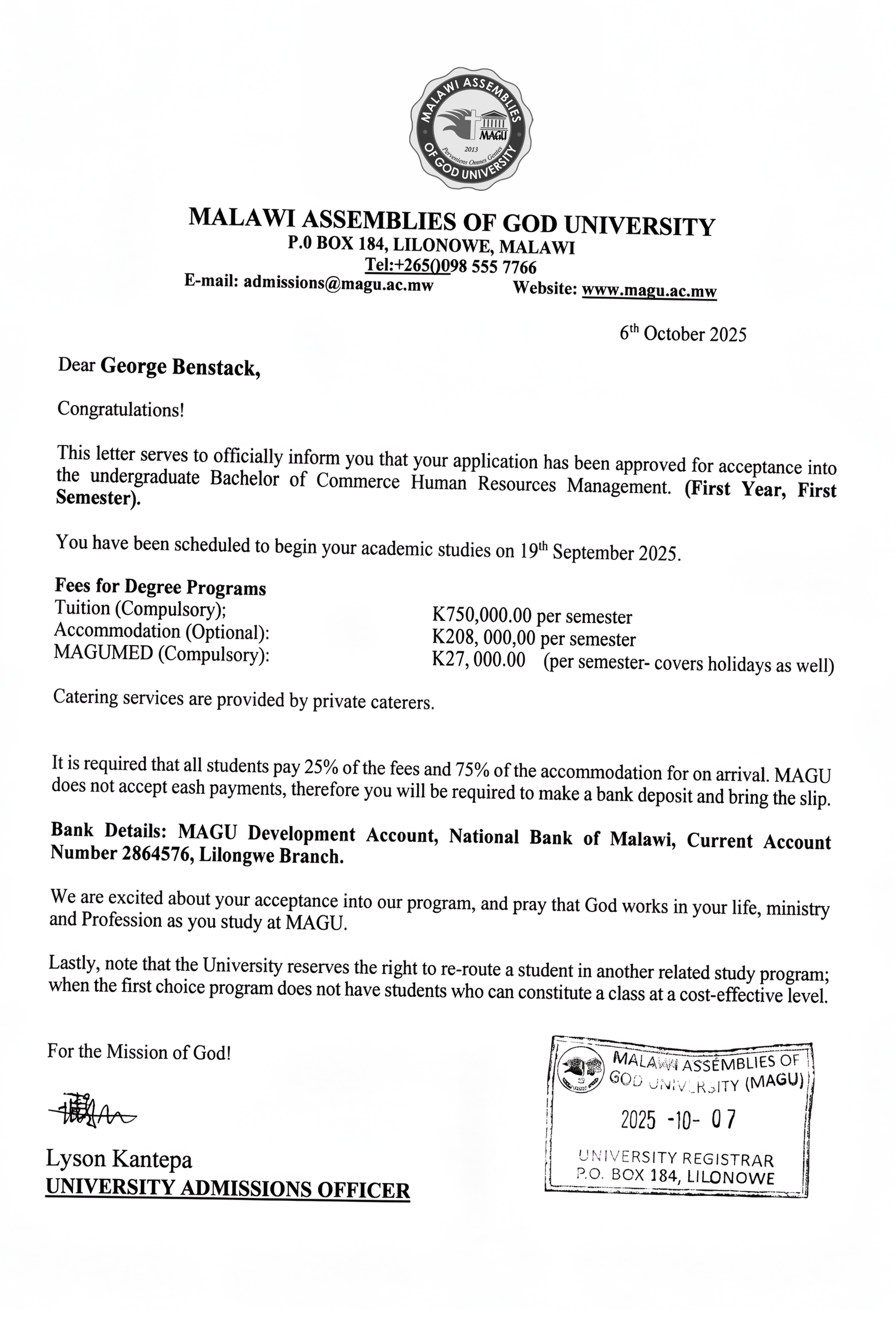 Admission Letter Sample