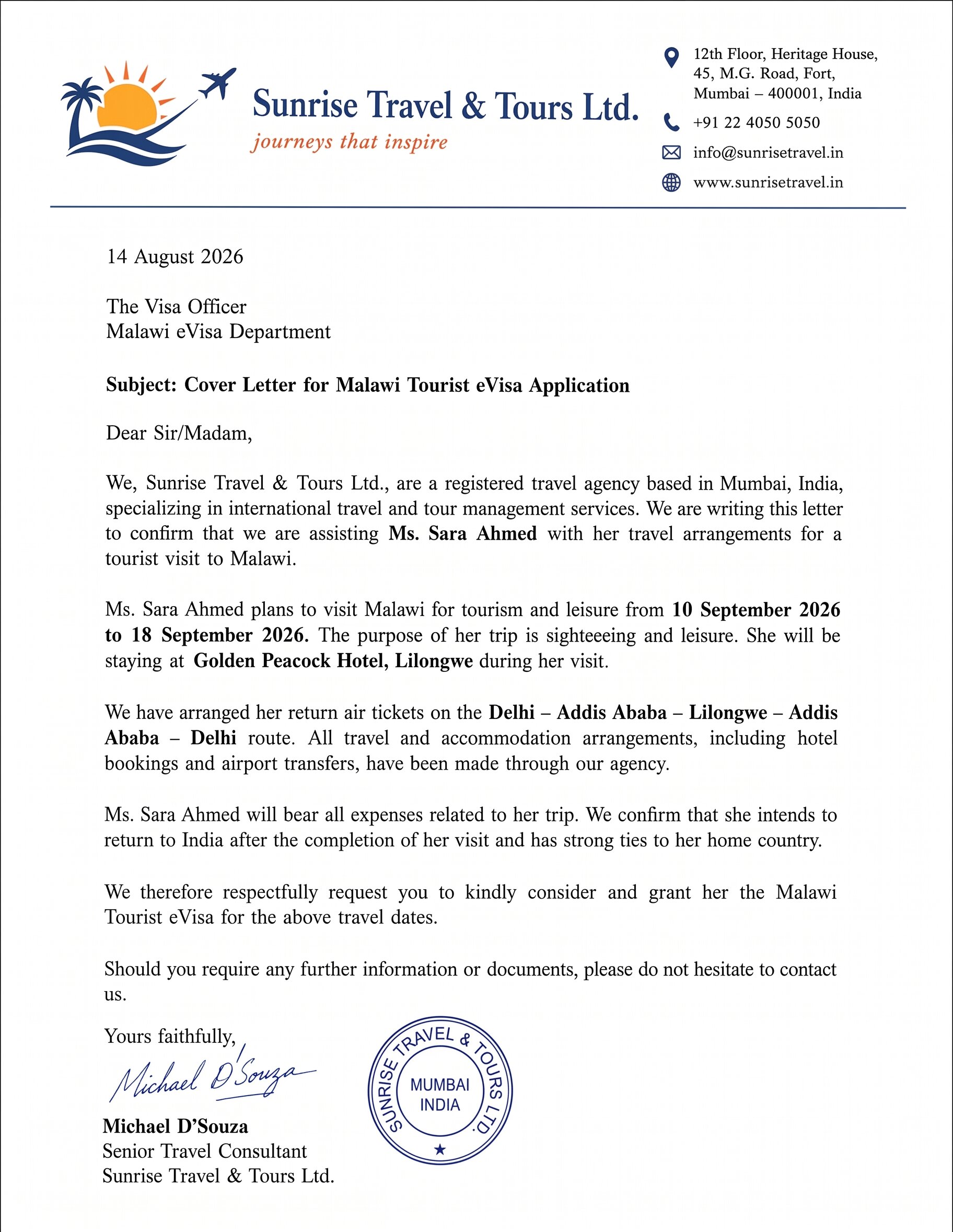 Cover Letter Malawi for Tourism