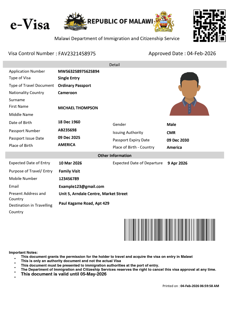 eVisa Approval Document Malawi