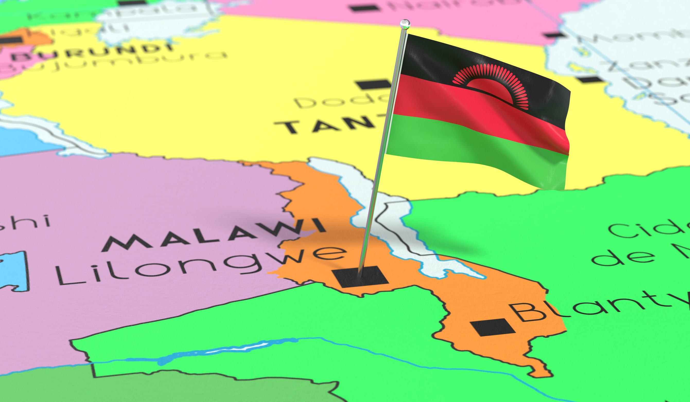 Malawi flag pinned on map