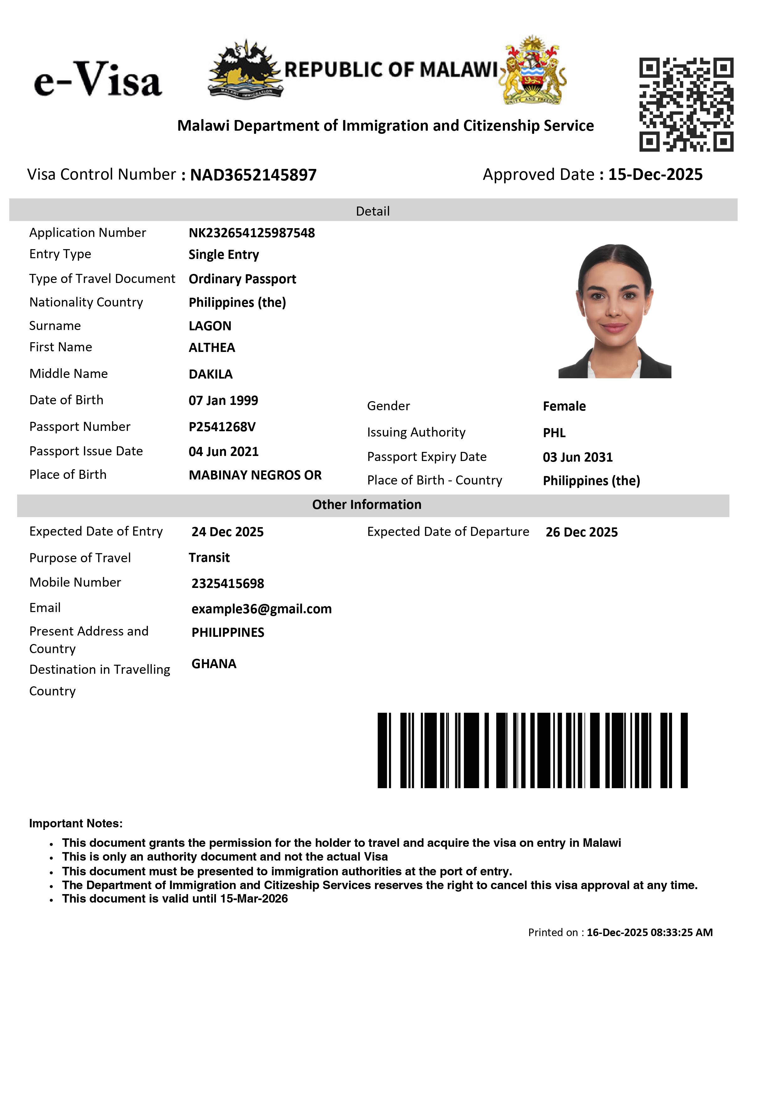 Approved Malawi Transit eVisa