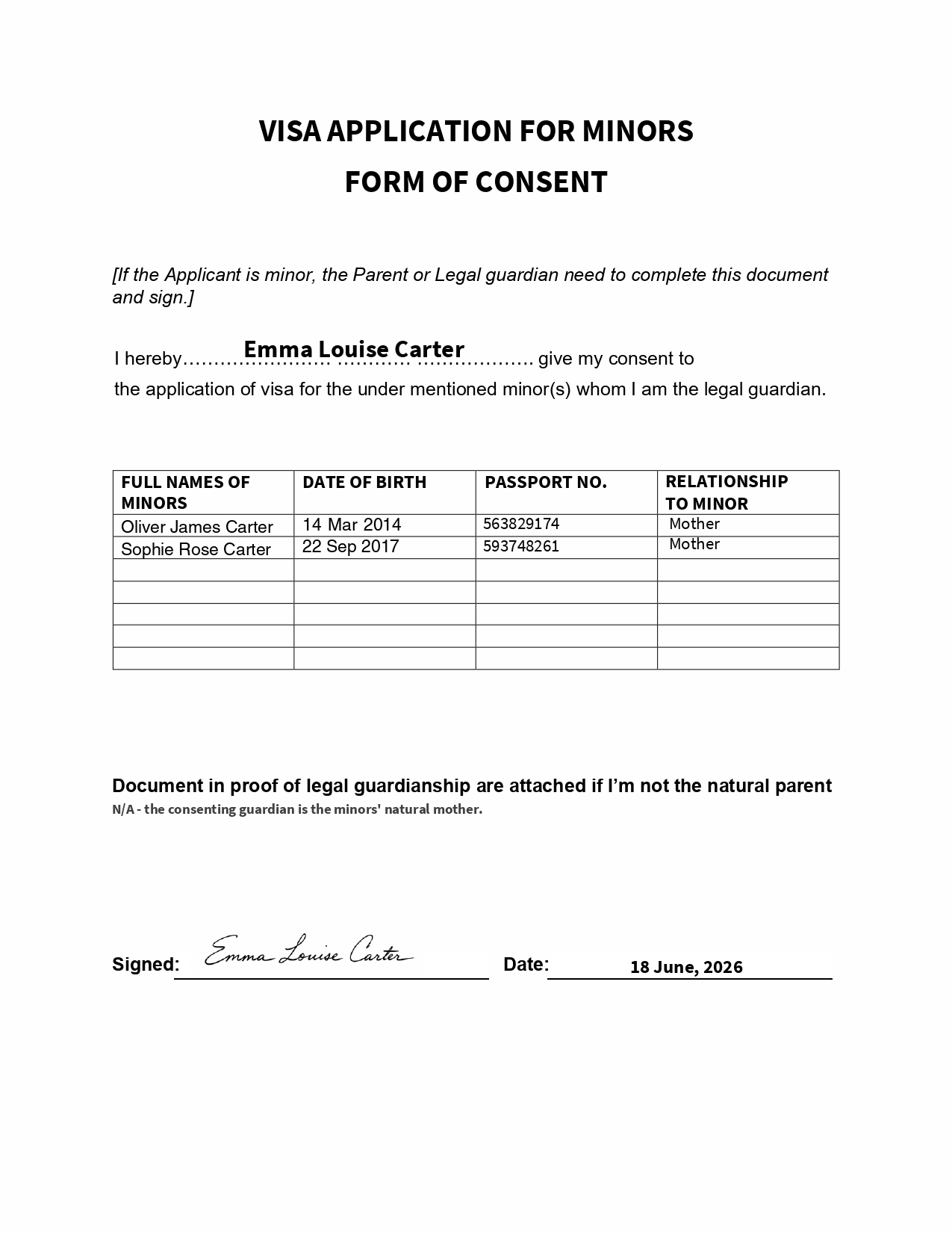 Minor Consent Form Sample