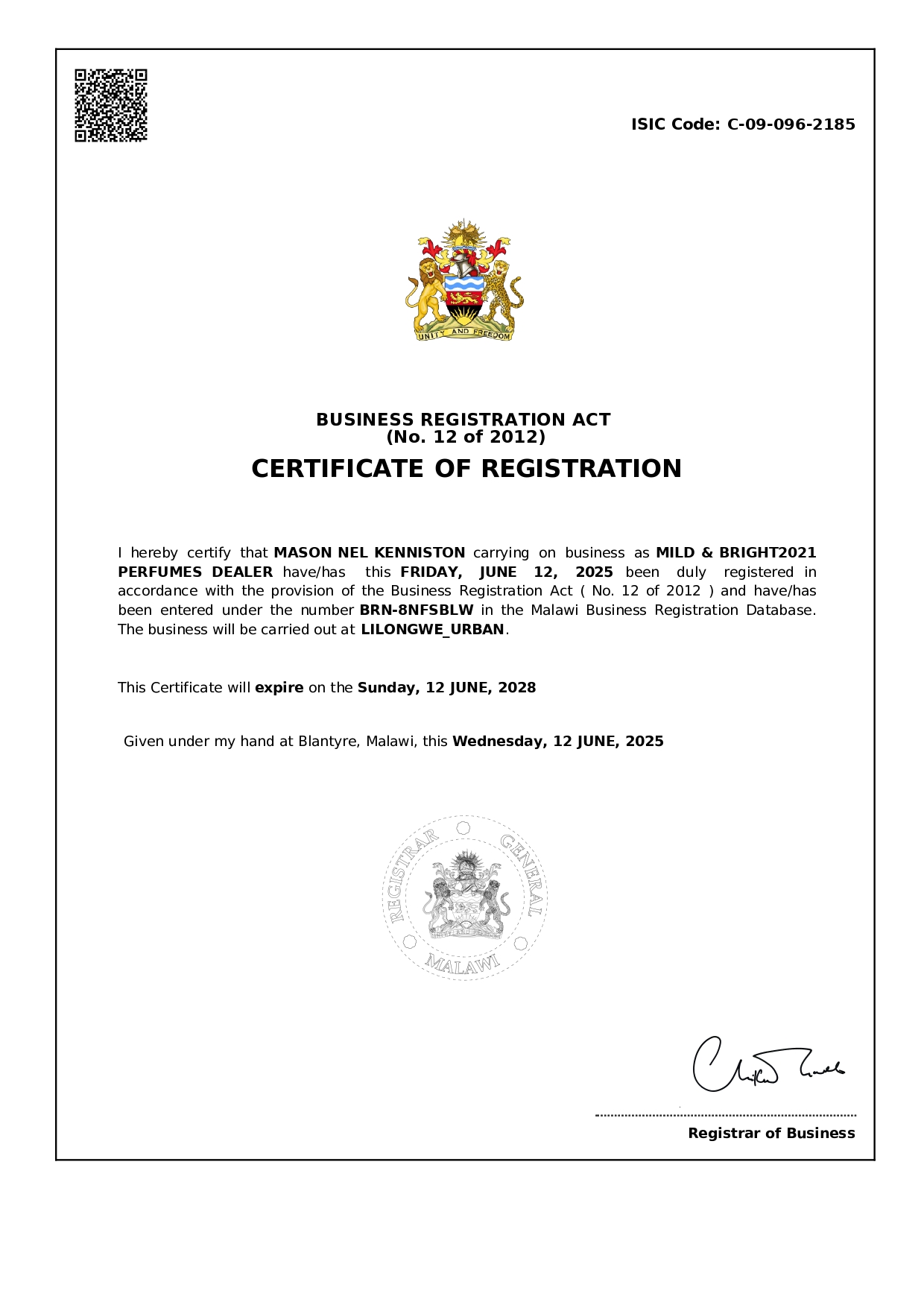 Sample of Business Registration