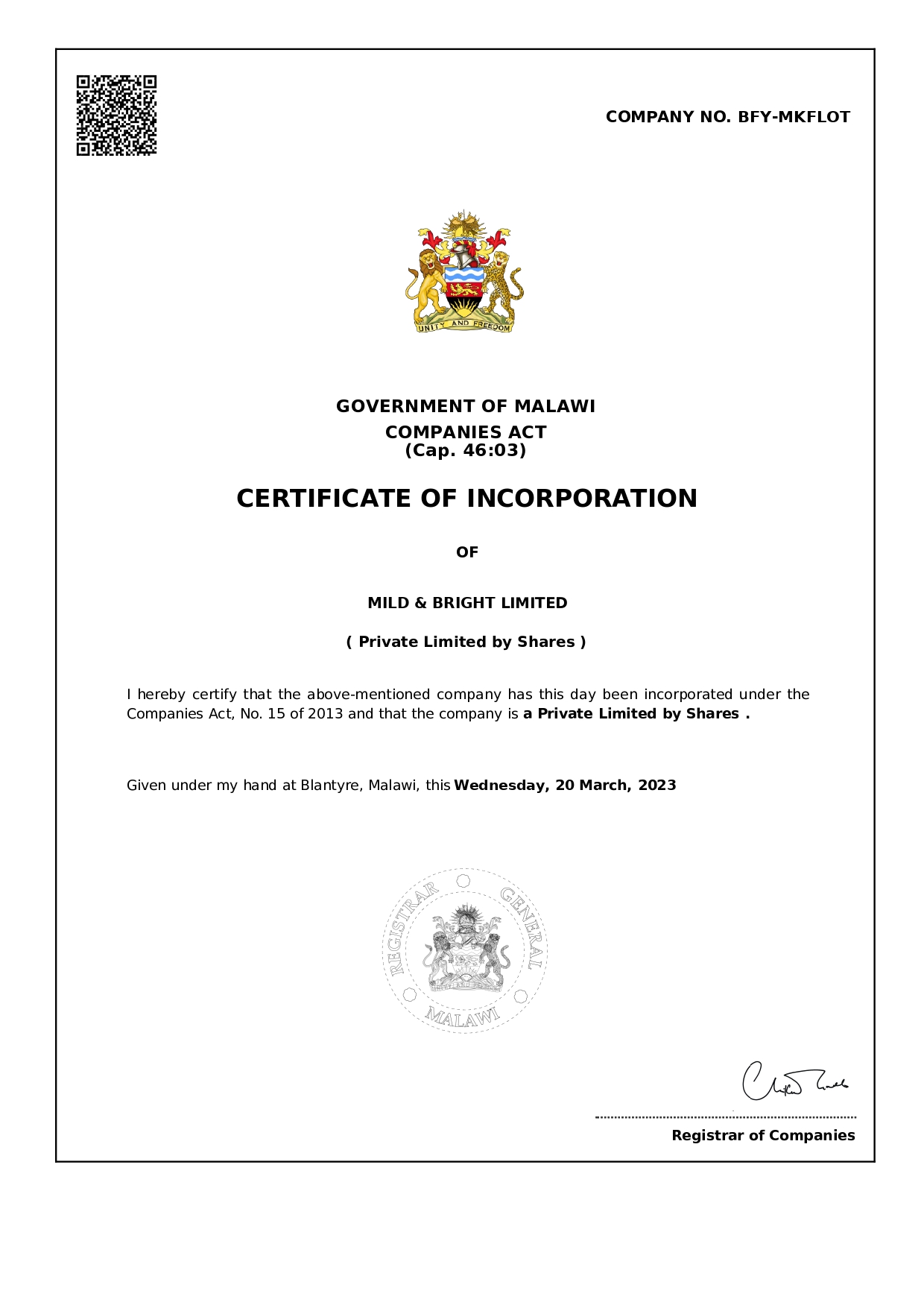 Sample of Incorporation Letter